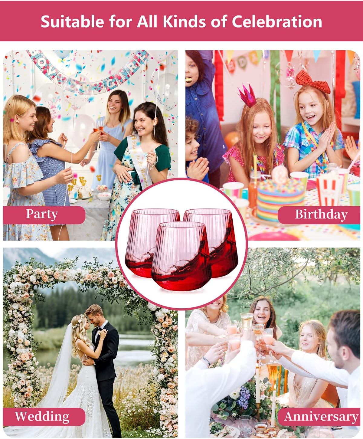 30 Pack Pink Plastic Ribbed Wine Glasses, 14 OZ Origami Stemless Disposable Wine Champagne Whiskey Glasses Unbreakable Clear Plastic Cocktail Glasses, Reusable Wine Cups for Party Wedding & Christmas