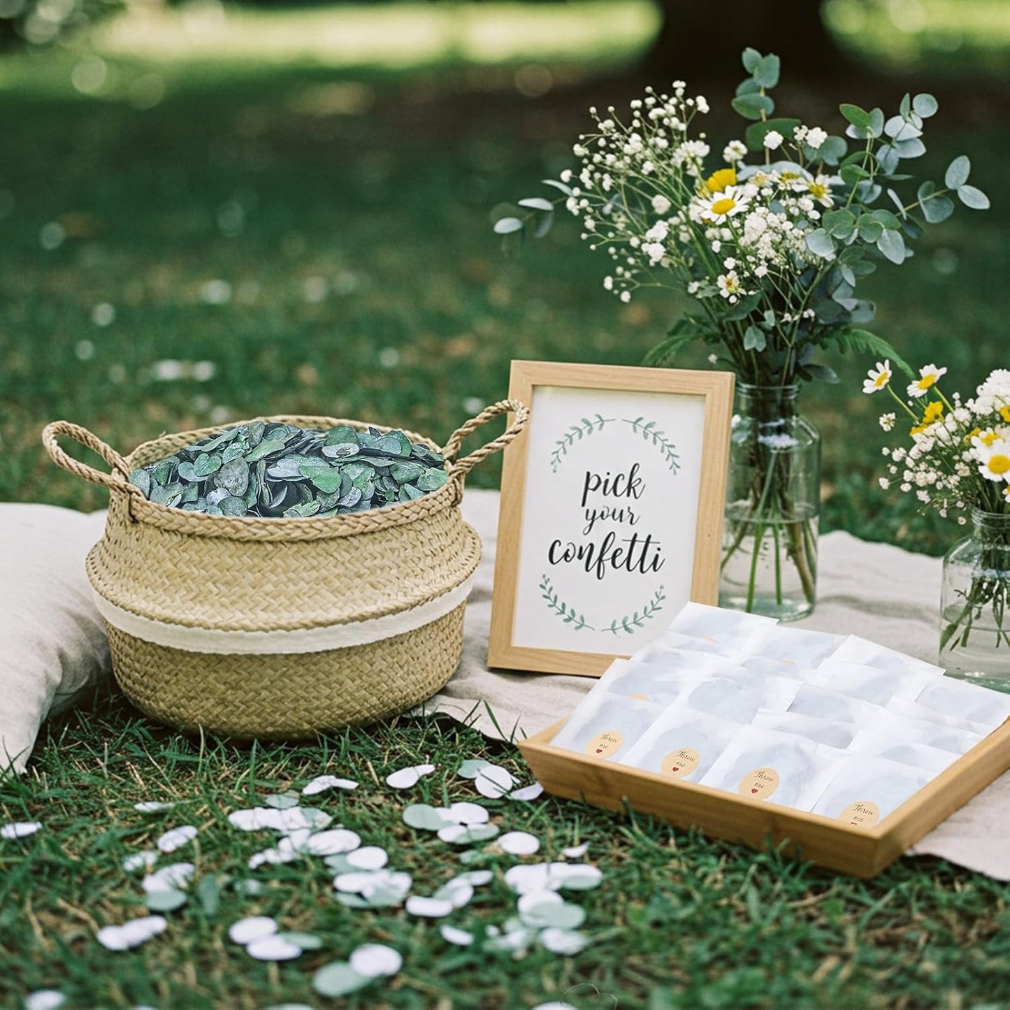 Biodegradable Confetti 10.58 Oz eucalyptus leaves Dried Flower Petals with Throw Me Stickers Confetti Biodegradable Flower Petals for Valentines Decor(Eucalyptus Leaves,Multi Color,55 Pcs)