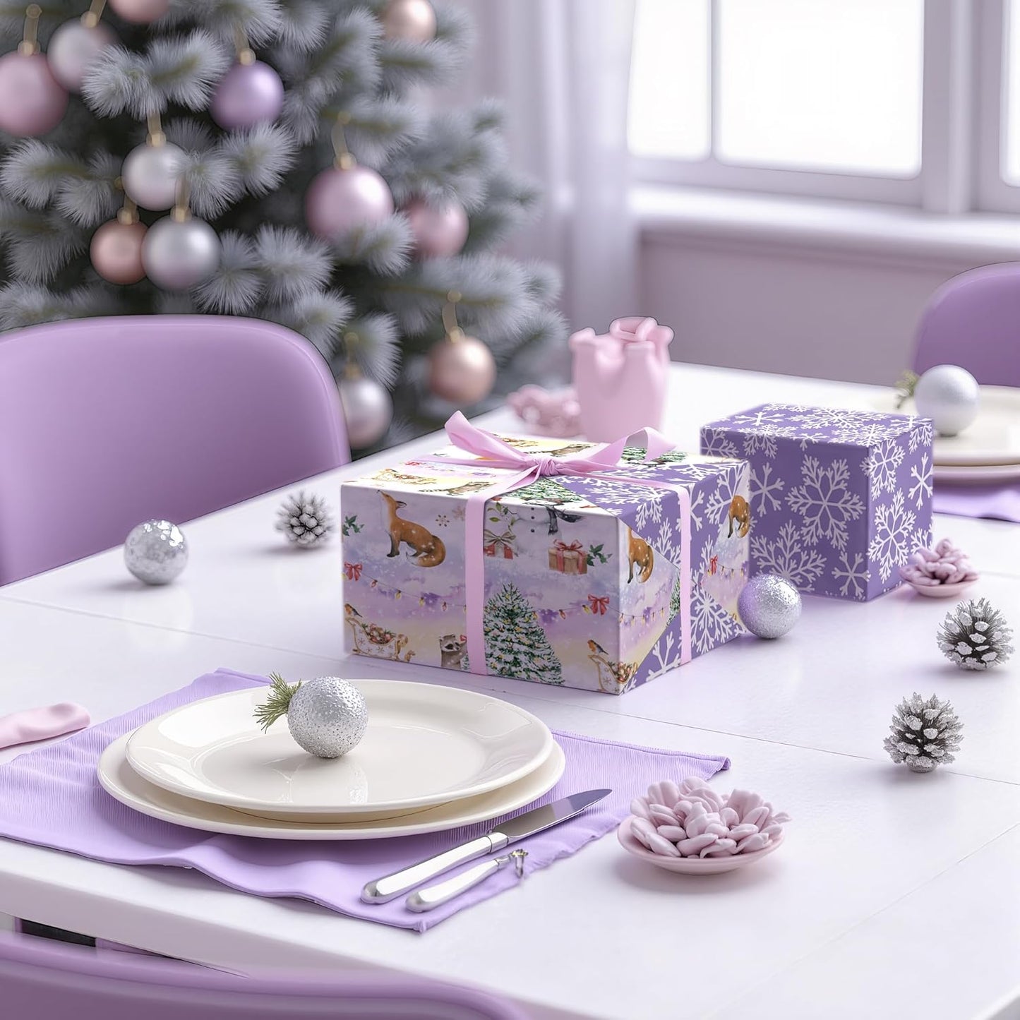 LeZakaa Christmas Reversible Wrapping Paper Roll, Watercolor Winter Forest Design with Fox Raccoon Christmas Tree Snowflake, for Kids Family, Winter Holidays, Mini Roll 17 in x 16.4 Ft