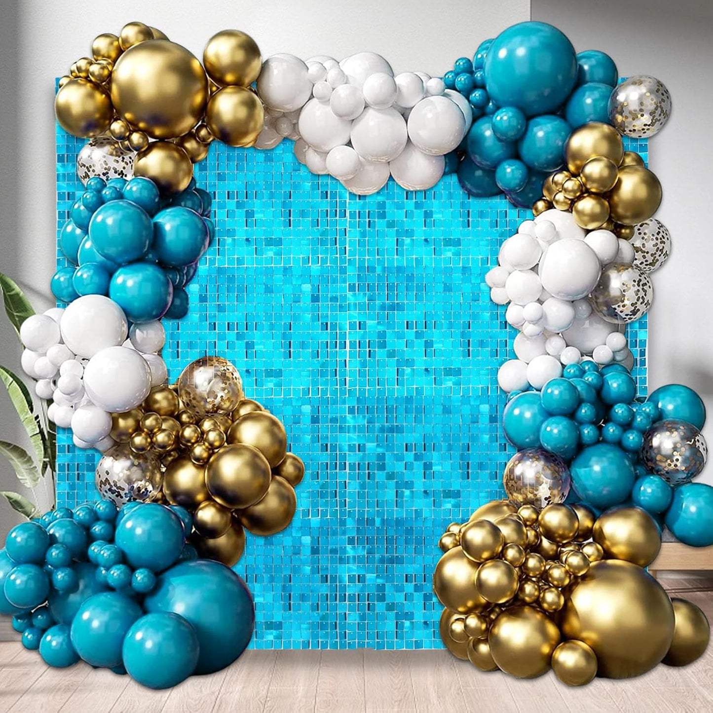 24PCS Lake Blue Shimmer Wall Backdrop, Square Sequin Backdrops Panel, Glitter Wall Background for Birthdays, Weddings, Graduation, Engagements, Disco Bachelorette Party Decoration (4FTx6FT)