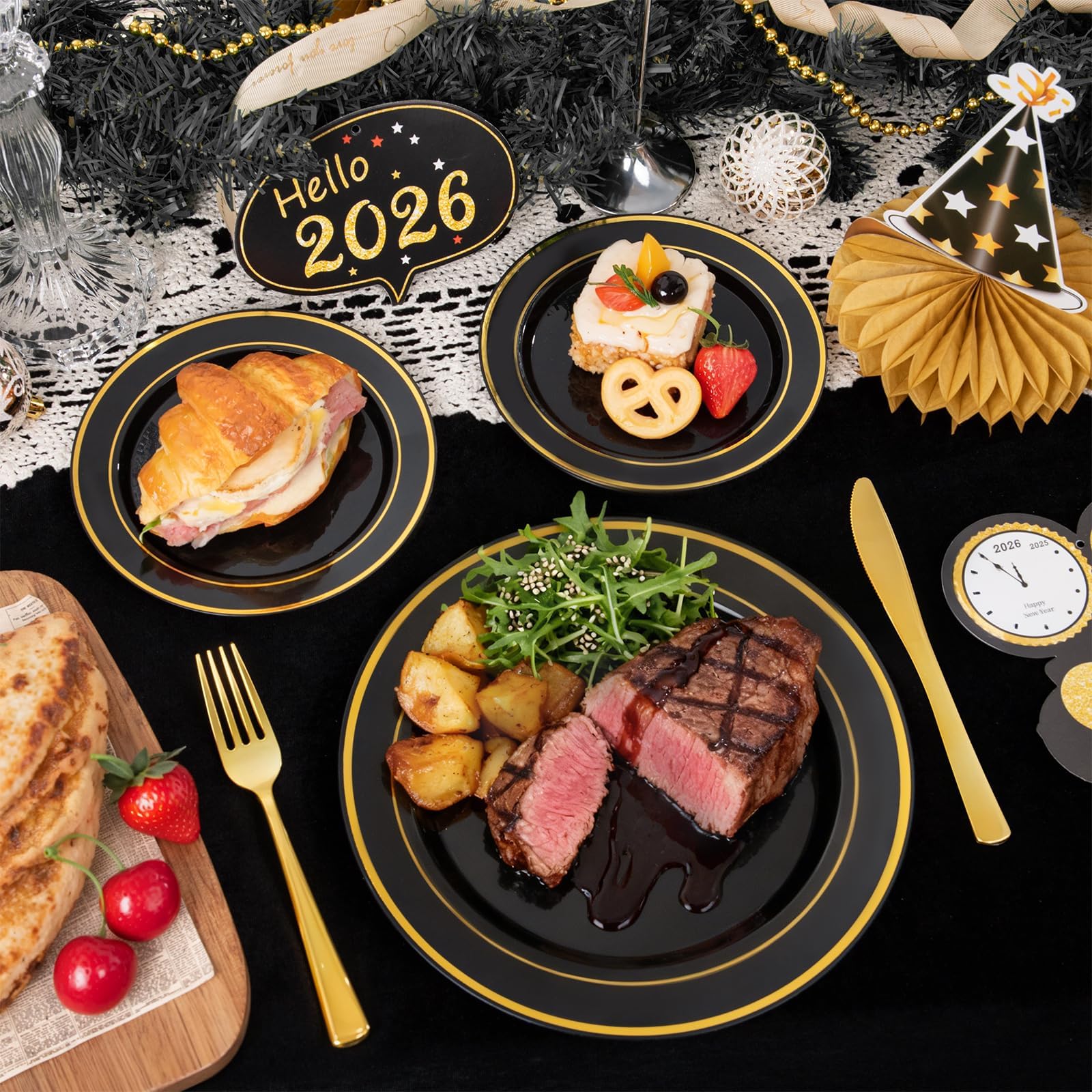 350 Pieces Black and Gold Plastic Plates with Disposable Silverware, Include 50 Dinner Plates 9”