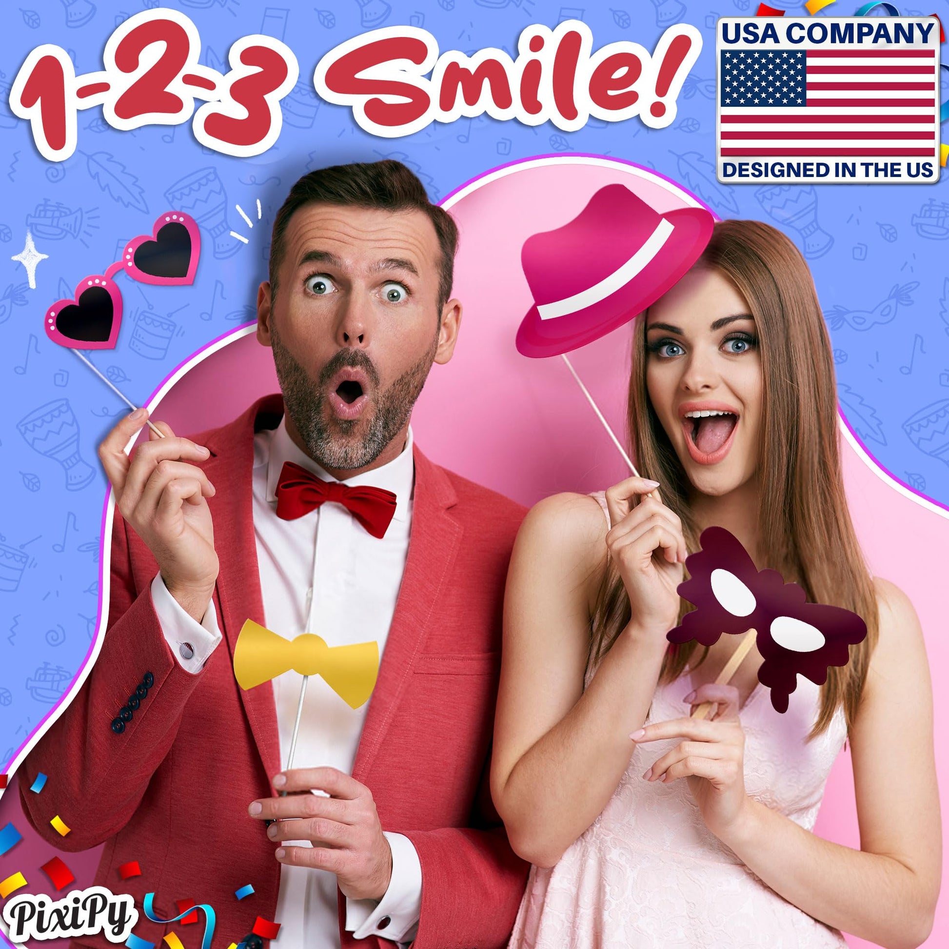 Photo Booth Props - 66 Piece Multicolor Kit - Fun Selfie Party Accessories - Mustaches, Hats, Lips