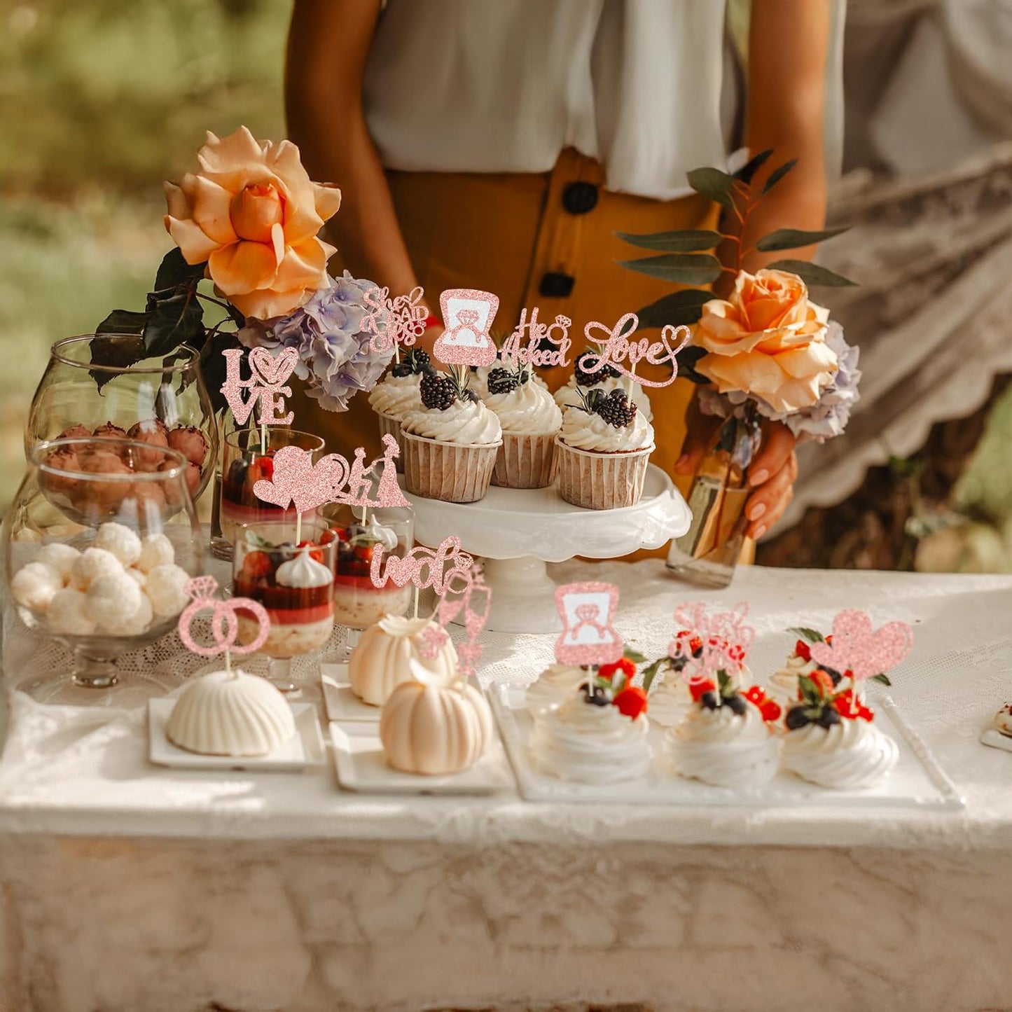 Ephlyn 30Pcs He Asked She Said Yes Cupcake Toppers Glitter Engagement Cupcake Toppers Diamond Ring Heart Love I Do Cupcake Picks for Engagement Wedding Party Cake Decorations Rose Gold