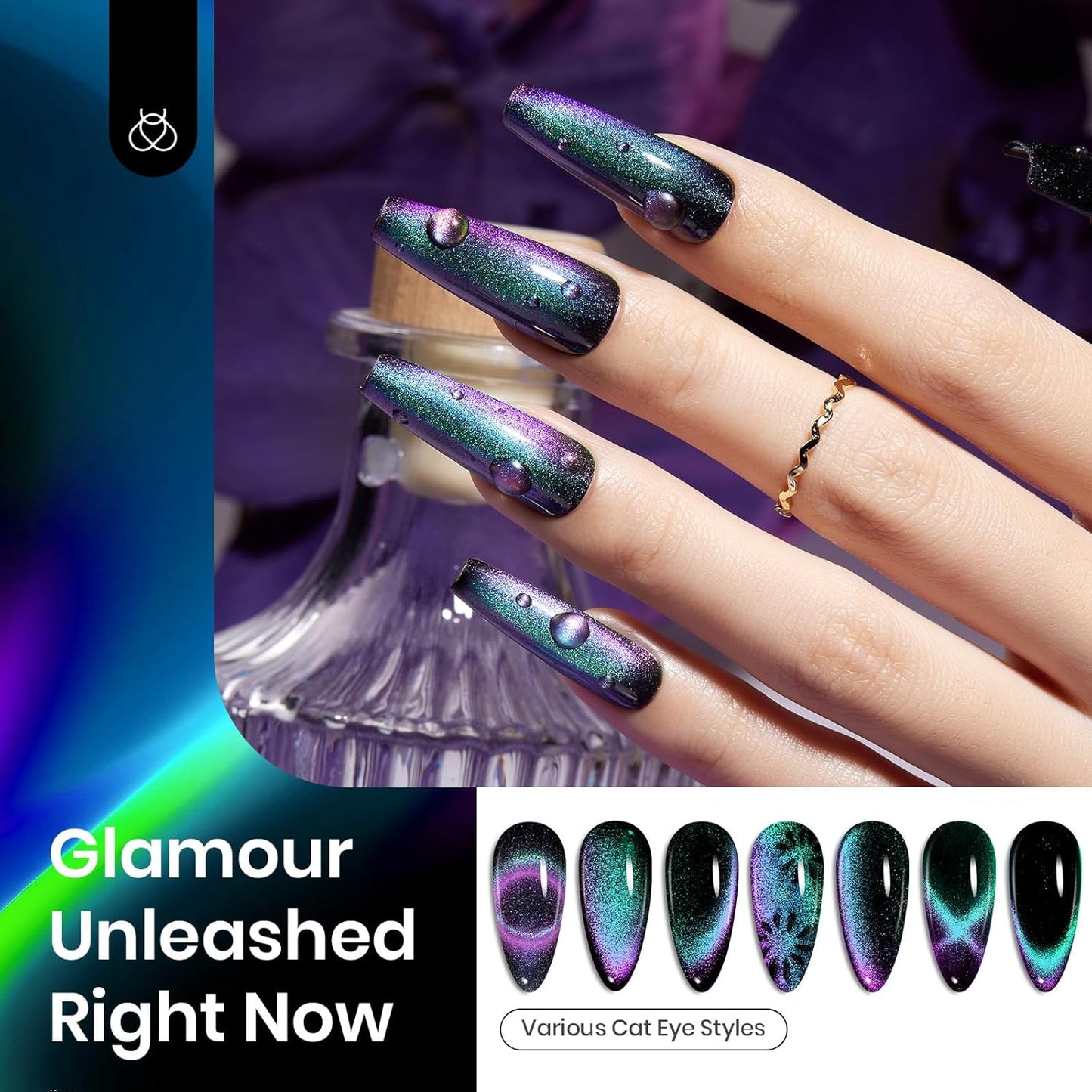 Beetles Cat Eye Chrome Nail Powder Set, 2 in 1 Holographic Metallic Mirror Effect Chameleon Galaxy Powder with No Wipe UV Gel Top Coat Magnet for Velvet Metallic Nail Art