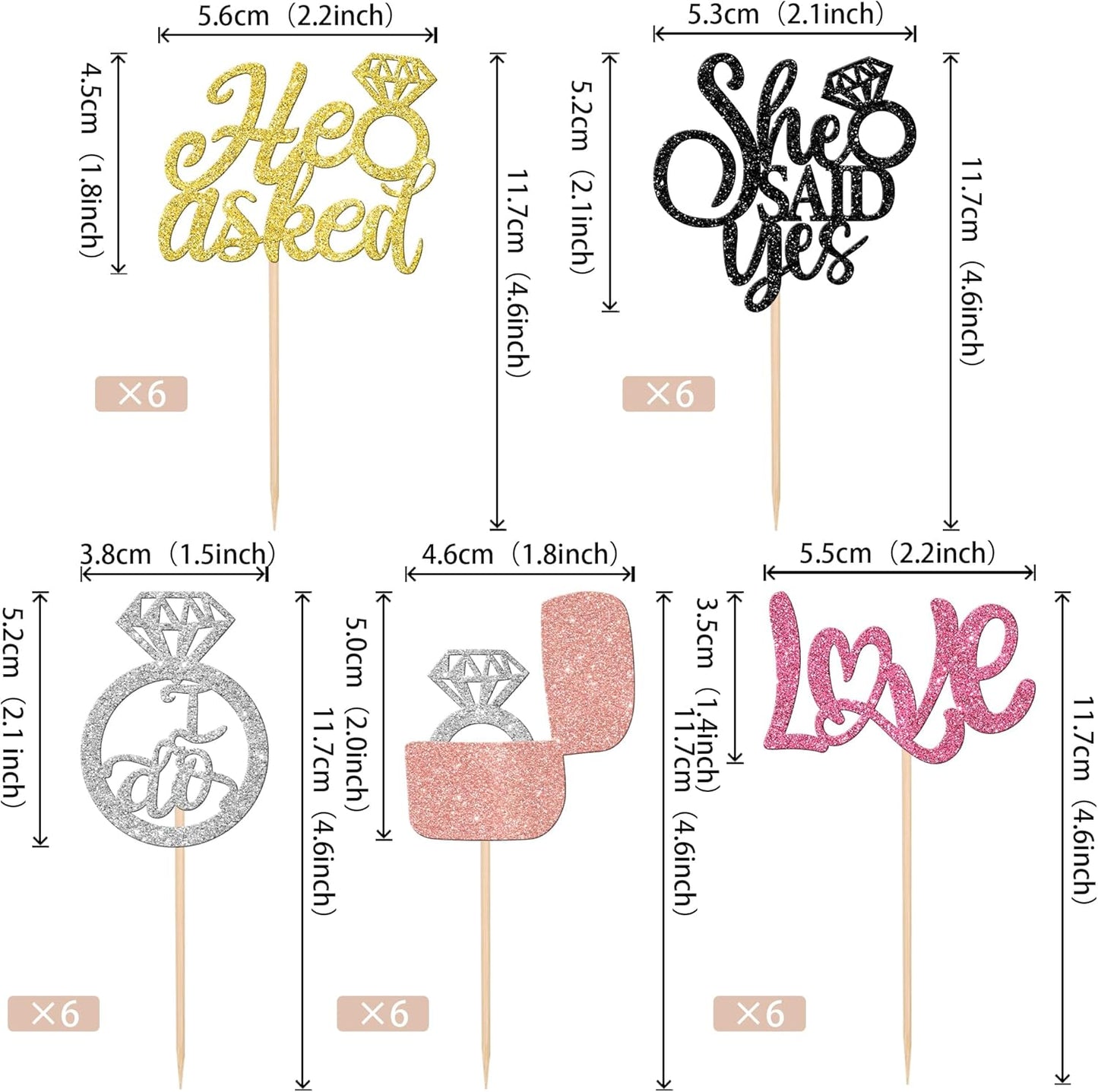 30 PCS He Asked She Said Yes Cupcake Toppers Diamond Ring Cupcake Picks Love I Do Bridal Shower Cake Decorations for Wedding Enaggement Theme Party Supplies Colorful