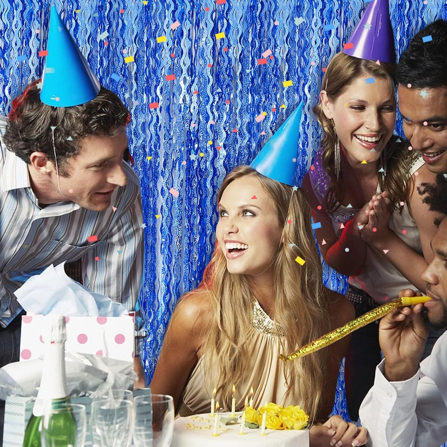 Blue Backdrop Wavy Tinsel Foil Fringe Curtains for Parties Sparkle Metallic Wavy Blue Birthday Decorations for Streamers Party Decorations Photo Booth Props Birthday Ocean Party Decor Supplies