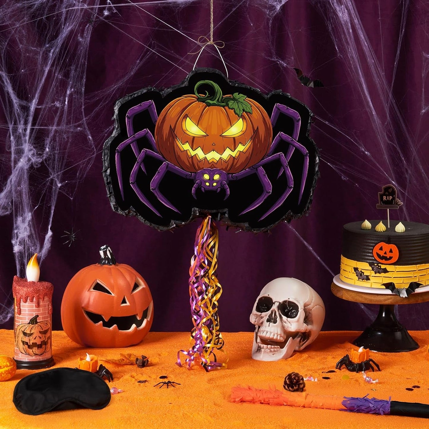 WERNNSAI Halloween Spider Piñata - Pumpkin Spider Pinata Halloween Theme Party Decorations for Kids Jack O Lantern Wicked Pumpkin Party Games with Bat Blindfold