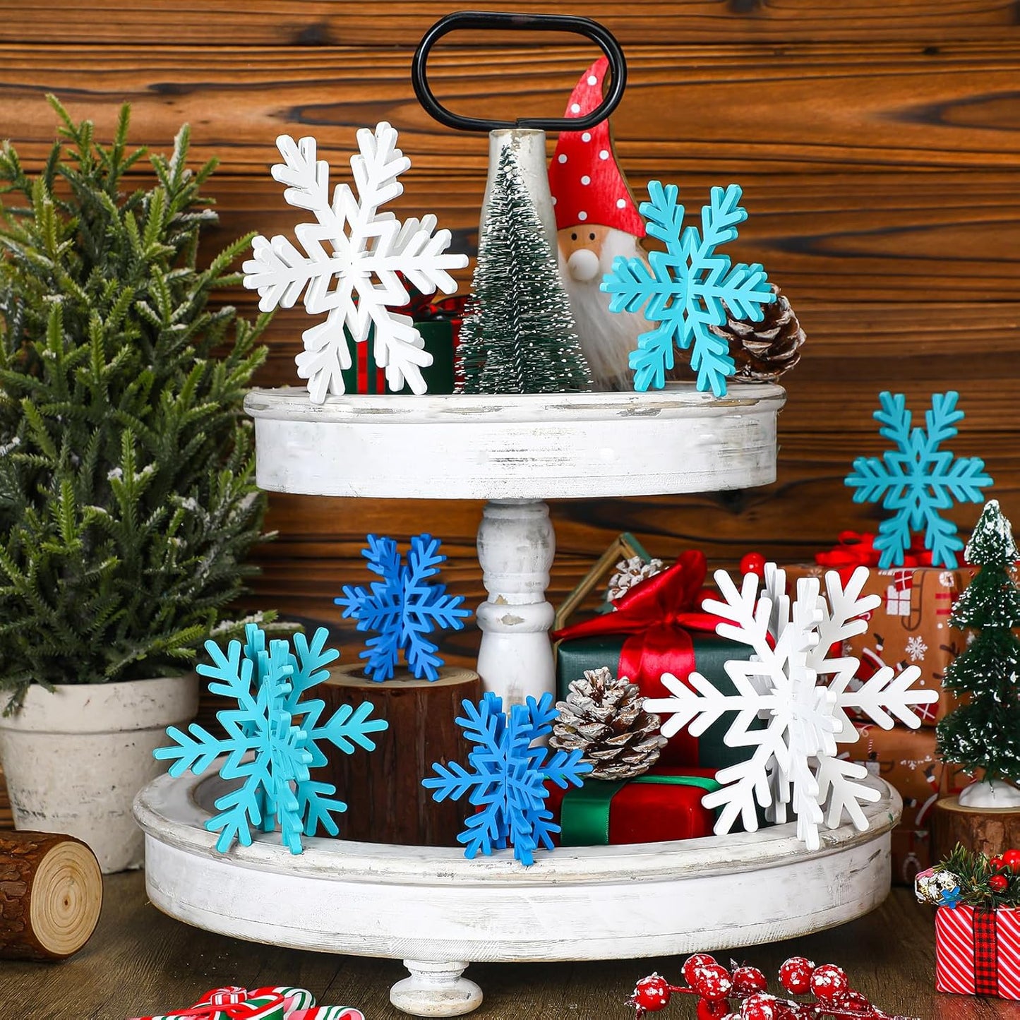Qunclay 20 Pcs Wooden Snowflake Decorations 3D Snowflake Tabletop Decor Christmas Signs and Centerpiece for Winter Wonderland Decorations Xmas Tiered Tray Decor(Dark Blue, Light Blue, White)