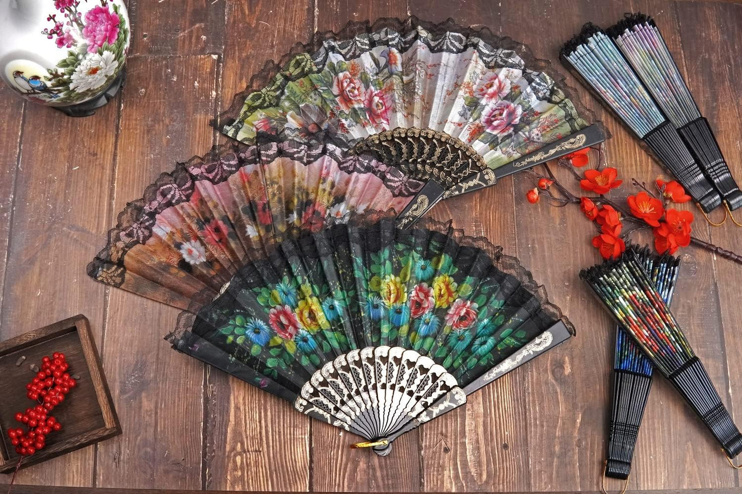 HUNANBANG 4 Pieces Folding Hand Fans Church Wedding Gift, Party Favors, DIY Decoration Gift Size9 Wholesale 4pack (Spanish 4pack)