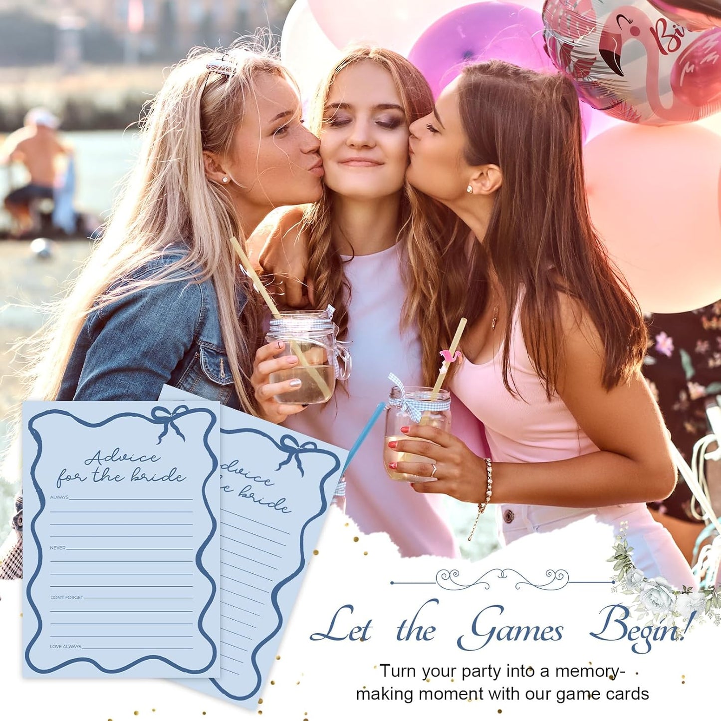 DEEKA 30 PCS Bridal Shower Games Card for 30 Guests Blue Wavy Border Ribbon Bow Funny Wedding Bachelorette Party Games for Reception (Advice for The Bride)