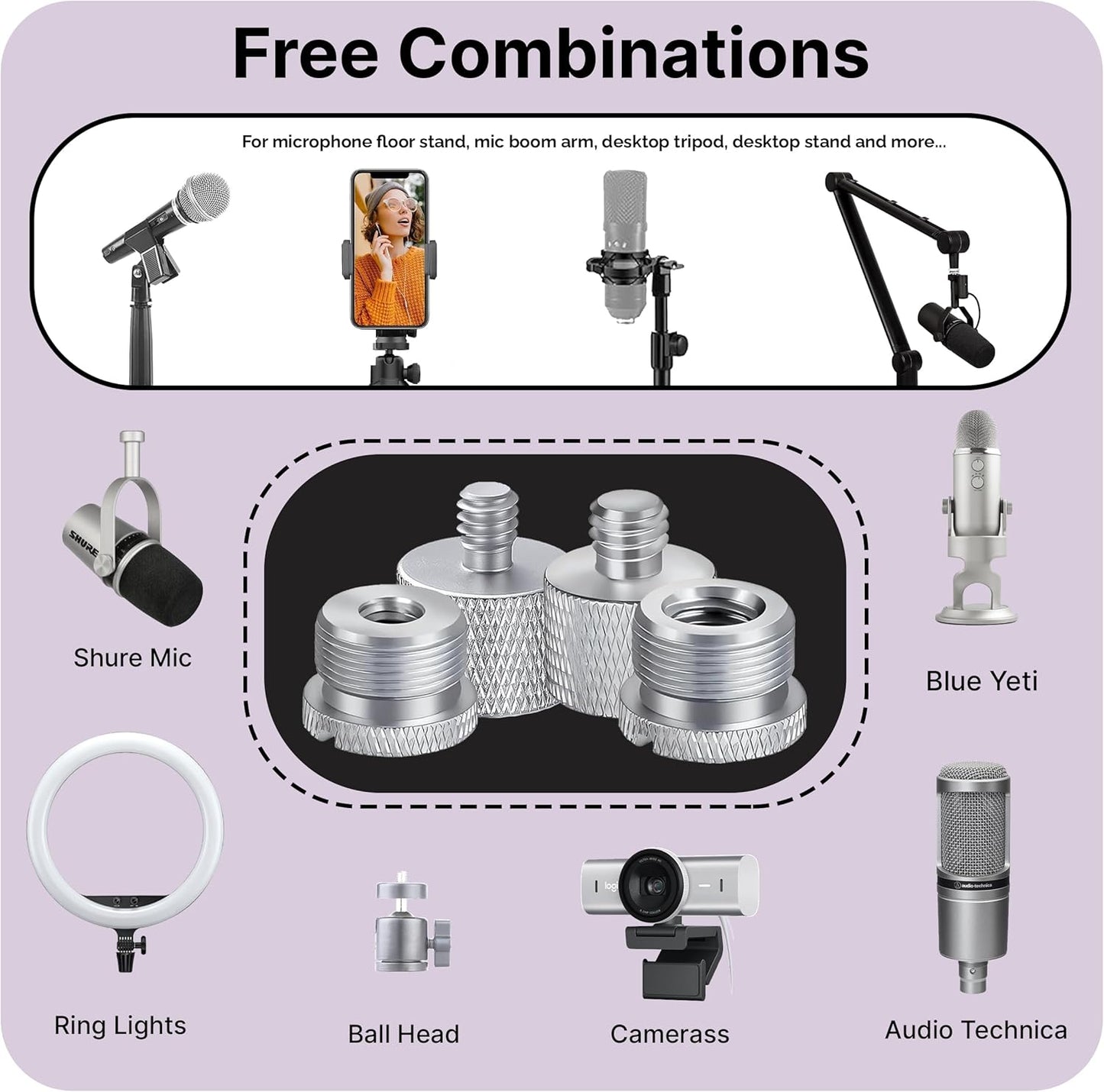 IXTECH Mic Stand Adapter Set 8 pieces Metal Microphone Stand Screw Thread Adapter 5/8 Female to 3/8 Male 3/8 Female to 5/8 Male 5/8 Female to 1/4 Male 1/4 Female to 5/8 Male Tripod Adapter ADP03 Slvr