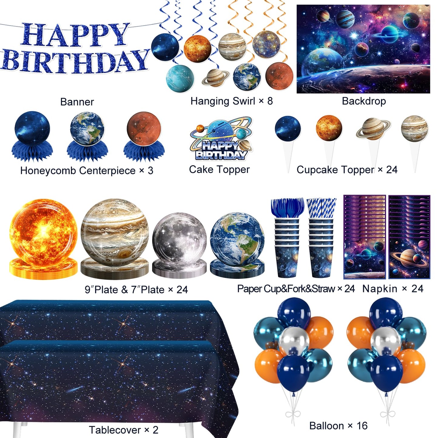 Xynic 210Pcs Space Birthday Decorations Tableware Set, Serves 24