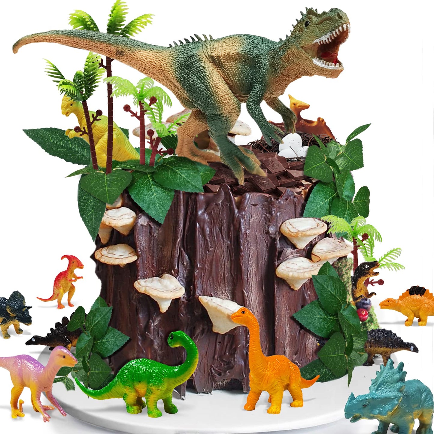 GLAHORSE 26 PCS Dinosaur Cake Toppers With Dinosaur Eggs Leaves Trees Cake Decorations For Birthday
