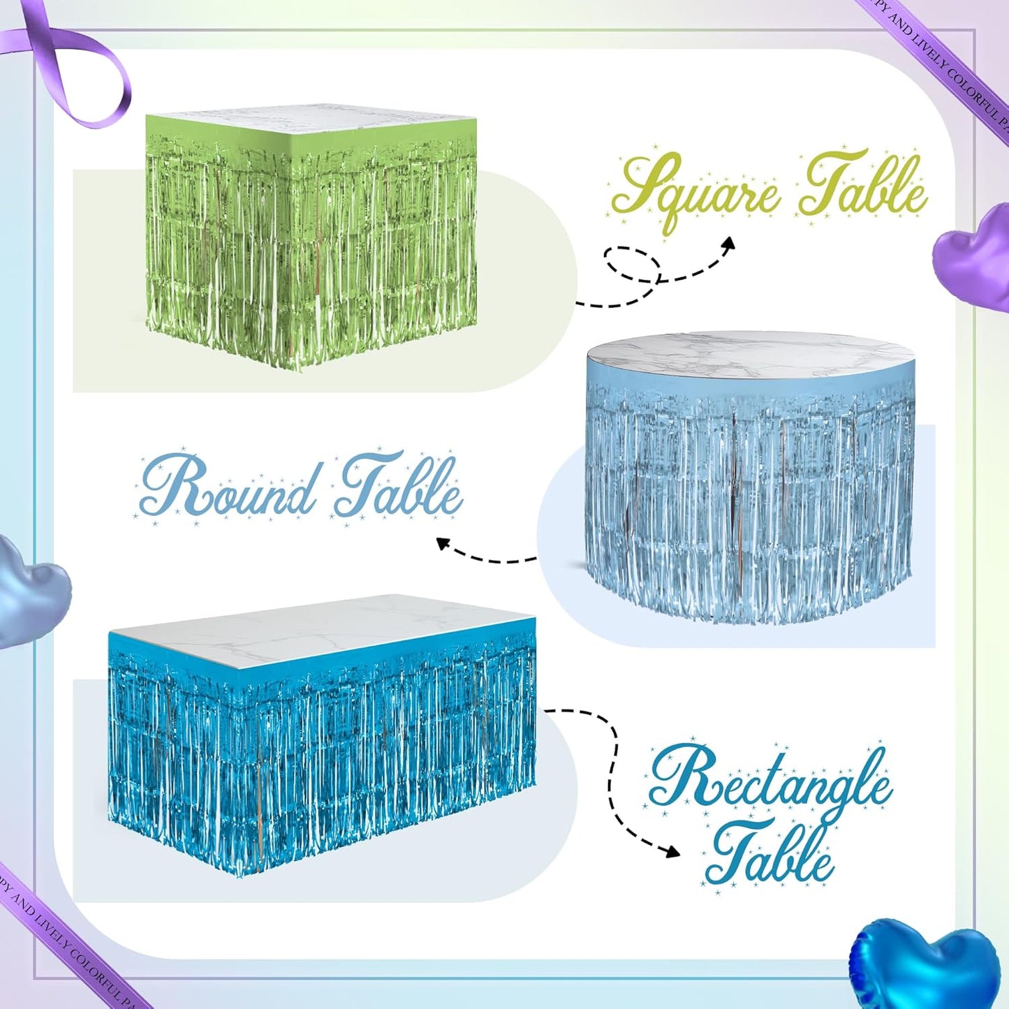 4 Pack Blue Lime Green Purple Series Table Skirts, 29x108" Metallic Foil Tinsel Fringe Table Skirt for Rectangle Tables Streamer Curtains Backdrop, Party Decorations for Birthdays, Weddings, Holidays