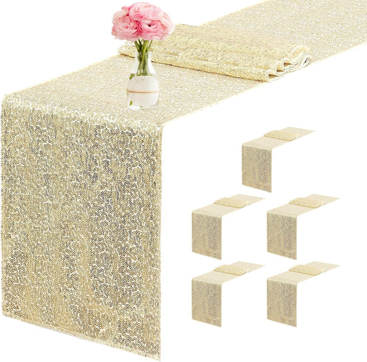 6 Packs 12 x 72 inches Sequin Table Runner, Champagne Glitter Table Runner for Birthday Party Supplies Wedding Engagement Baby Shower Holiday Celebration Event Decorations