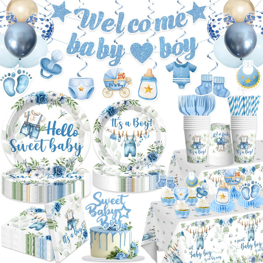 213Pcs Cocomigo Blue Baby Boy Shower Decorations Tableware Set, Serves 25