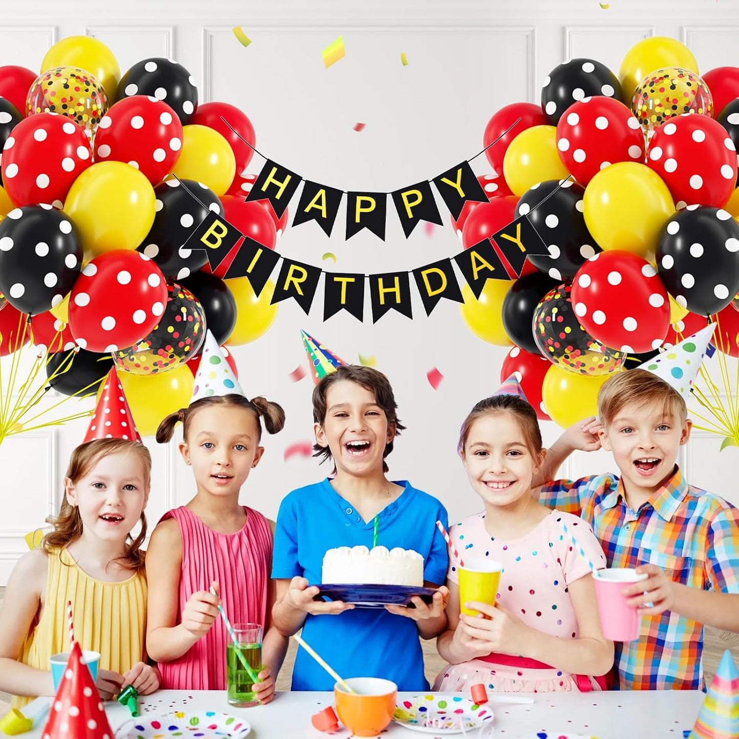 60pcs Red and Yellow Balloons 12inch with Red Print Confetti Black and Yellow Balloons for Baby Shower 1st 2nd 3rd Birthday Party Decorations