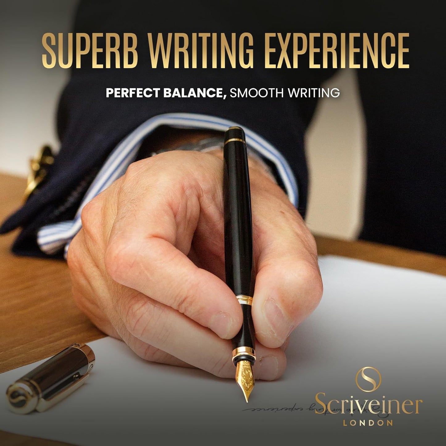 Scriveiner Black Lacquer Fountain Pen - Stunning Luxury Pen, Real Gold Finish, Schmidt Gilded Nib (Extra Fine), Best Pen Gift Set for Men & Women, Professional, Executive, Office, Nice Pens