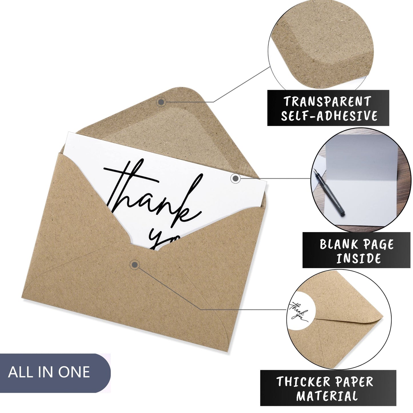 Layneria 100 Bulk Thank You Cards with Kraft Envelopes and stickers - 4 Minimalistic Designs Blank