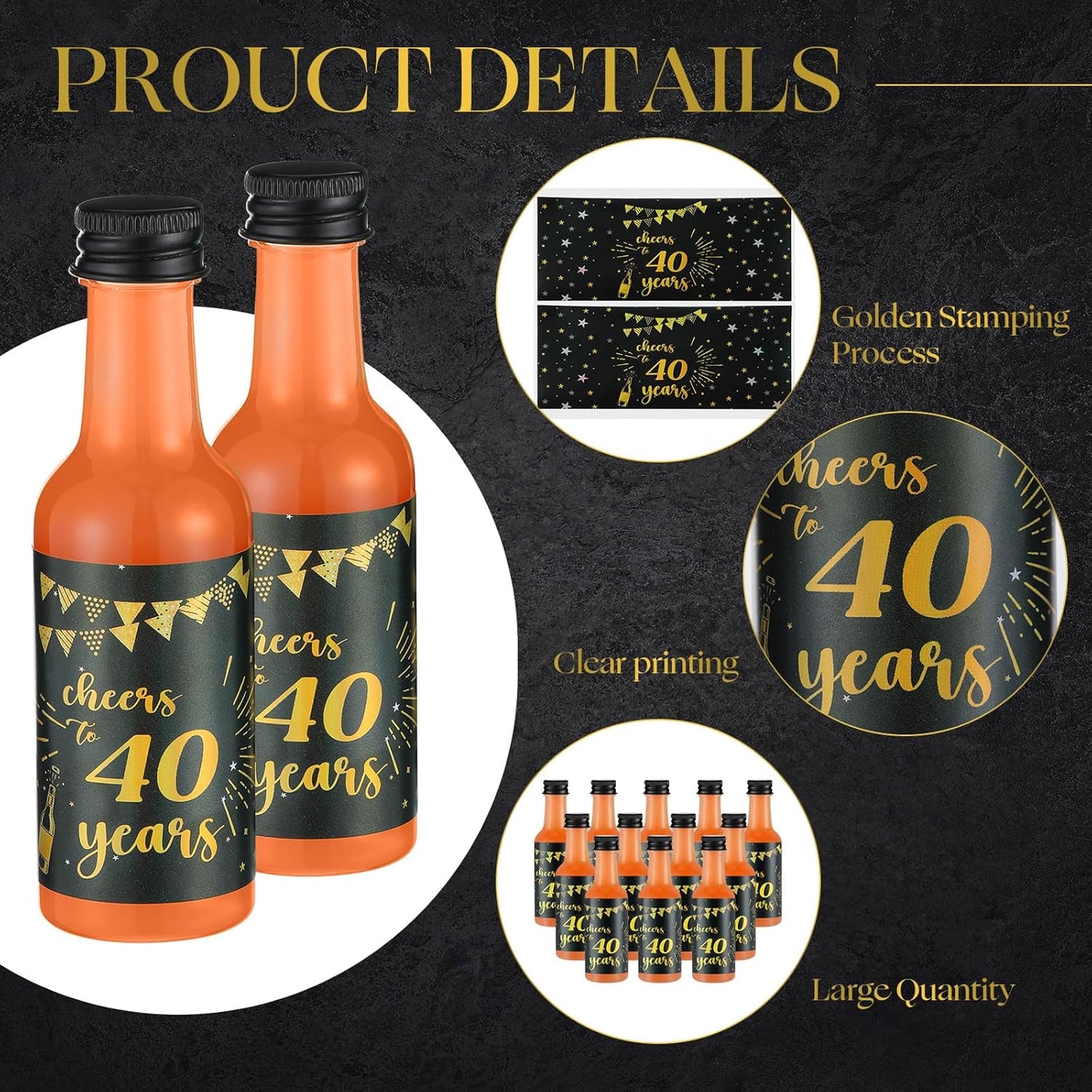 Vesici 50 Pack Mini Liquor Bottles 1.7oz Shot Mini Wine and Champagne Bottle Birthday Sticker with 2 Funnels Birthday Party Favor for Adult Guest Women Men Anniversary Celebration(Cheers to 40 Years)