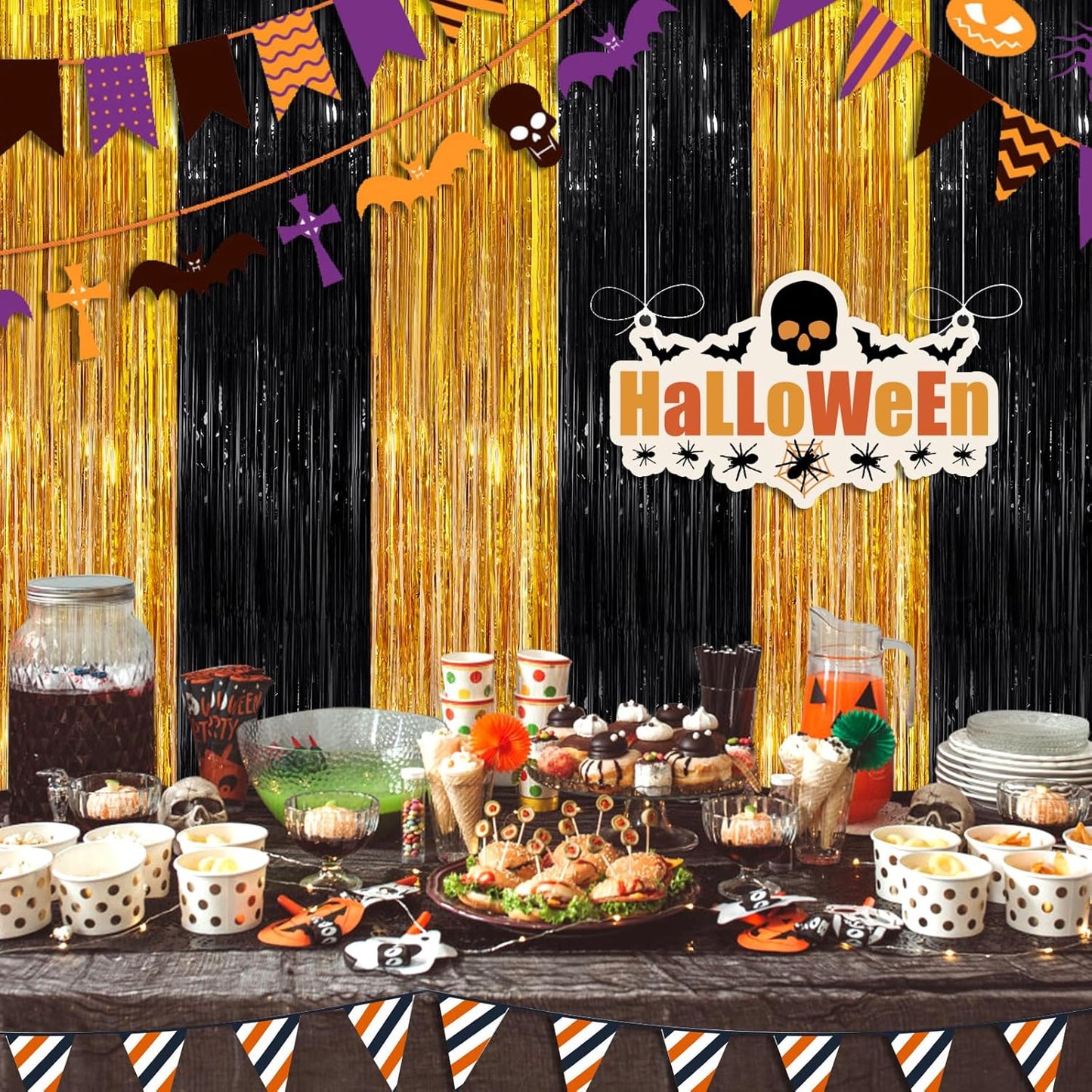 Black Gold Streamer Tinsel Foil Fringe Curtains Streamer 2Pack 3.3X 8.3Ft Streamer Tinsel Streamer Curtains for Birthday Party Decors Wedding Bachelorette Bridal Shower Xmas Decors Streamers