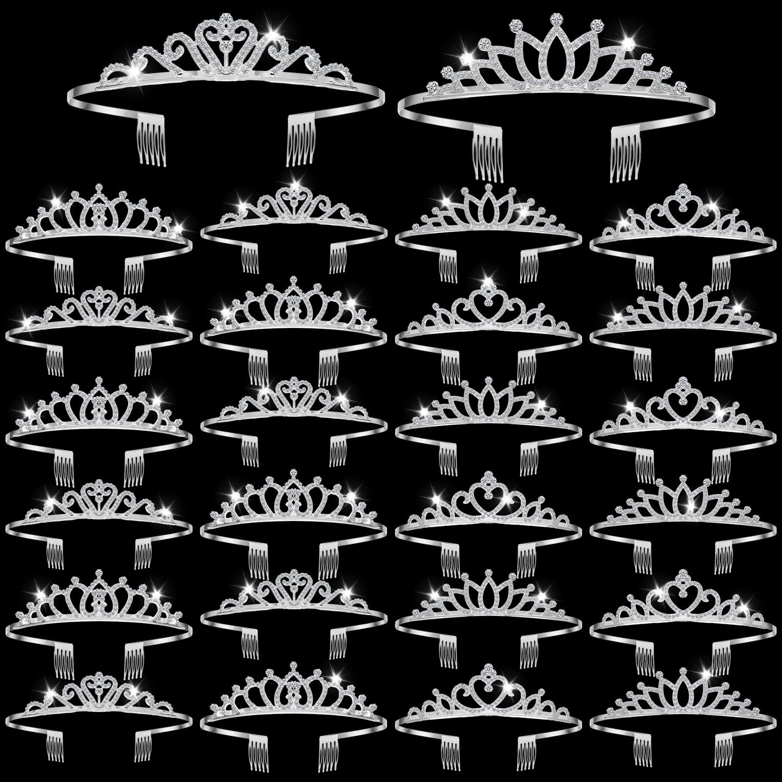 Yuefunny 24 Pcs Crystal Tiara Crowns for Women Bulk Rhinestone Princess Headband Crown with Combs