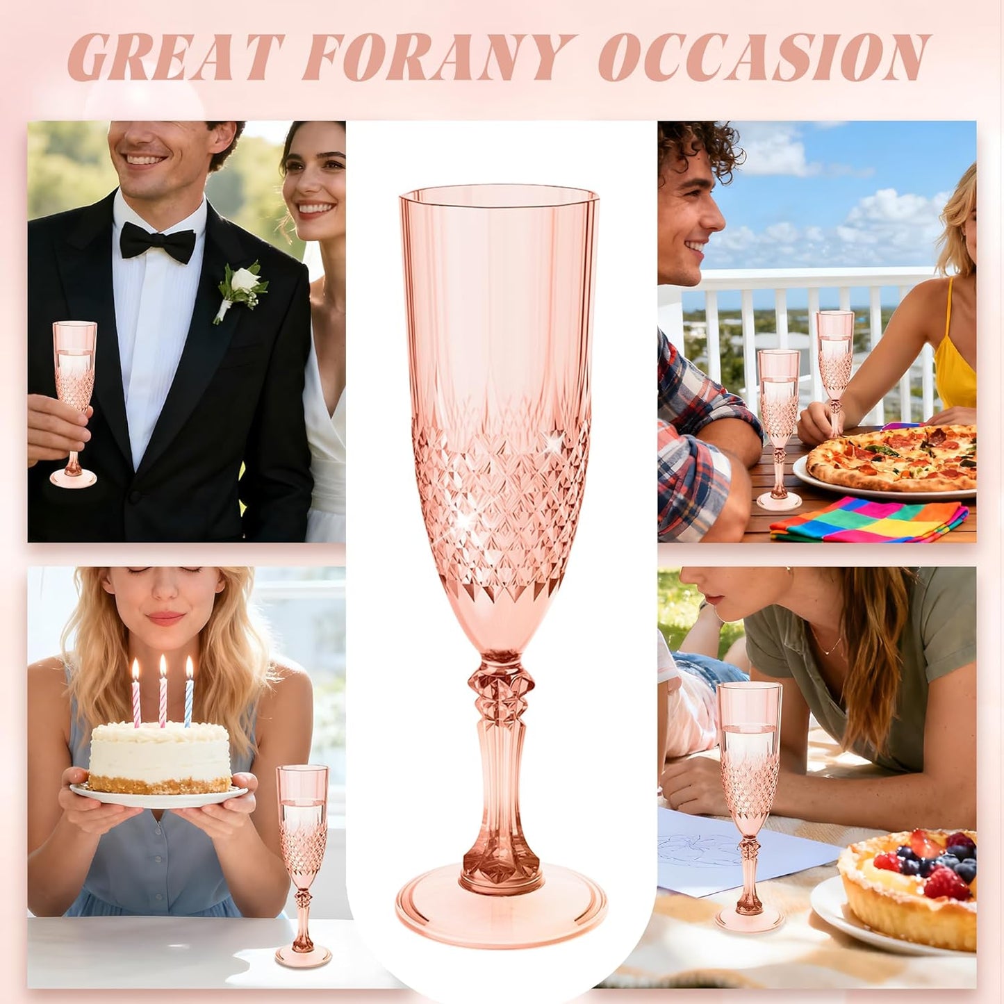 Plastic Champagne Flutes, 24PCS Rose Gold Wine Glasses Goblets Cups Reusable Flute, for Weddings Bachelor Parties Toasting and Events(24, Rose Gold)