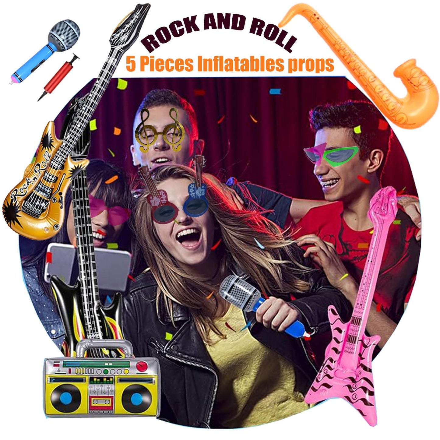 50 Pcs Rock Party Photo Booth Props Set for Adults, Funny Rock Star Party Sunglasses, Hats, Wigs