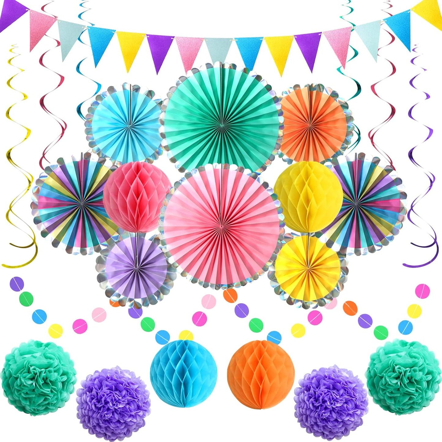 Colorful Hanging Paper Fan Party Decorations, Birthday Decorations Supplies for Women and Men, Fiesta Rainbow Colorful Fans Paper Flowers Tissue Pom and Favors Streamers Banner Decor for Adults Kids