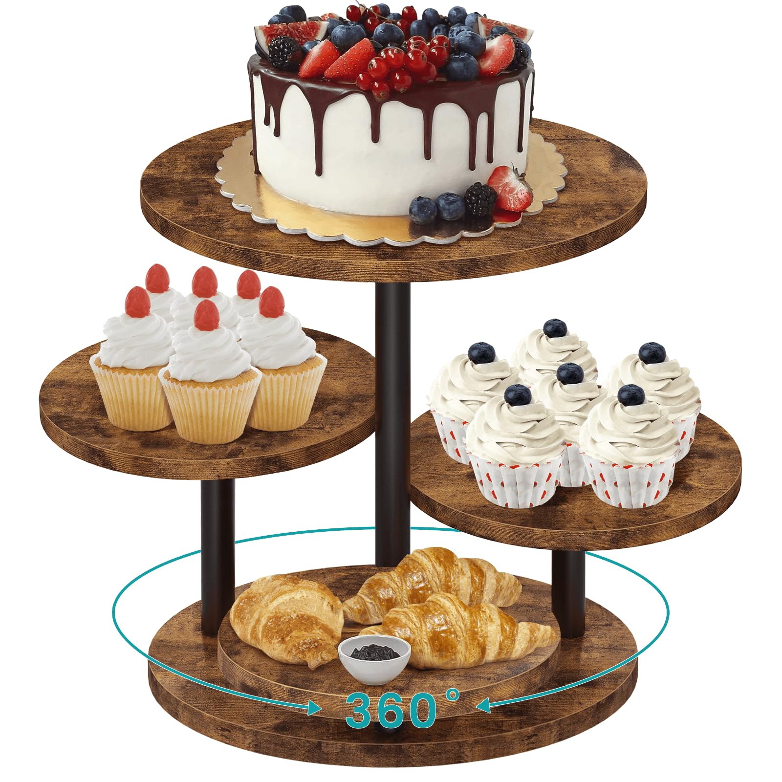 ELITEROO 4 Tier Round Cupcake Tower Stand for 50 Cupcakes, 360° Rotating Wood Cake Stand with