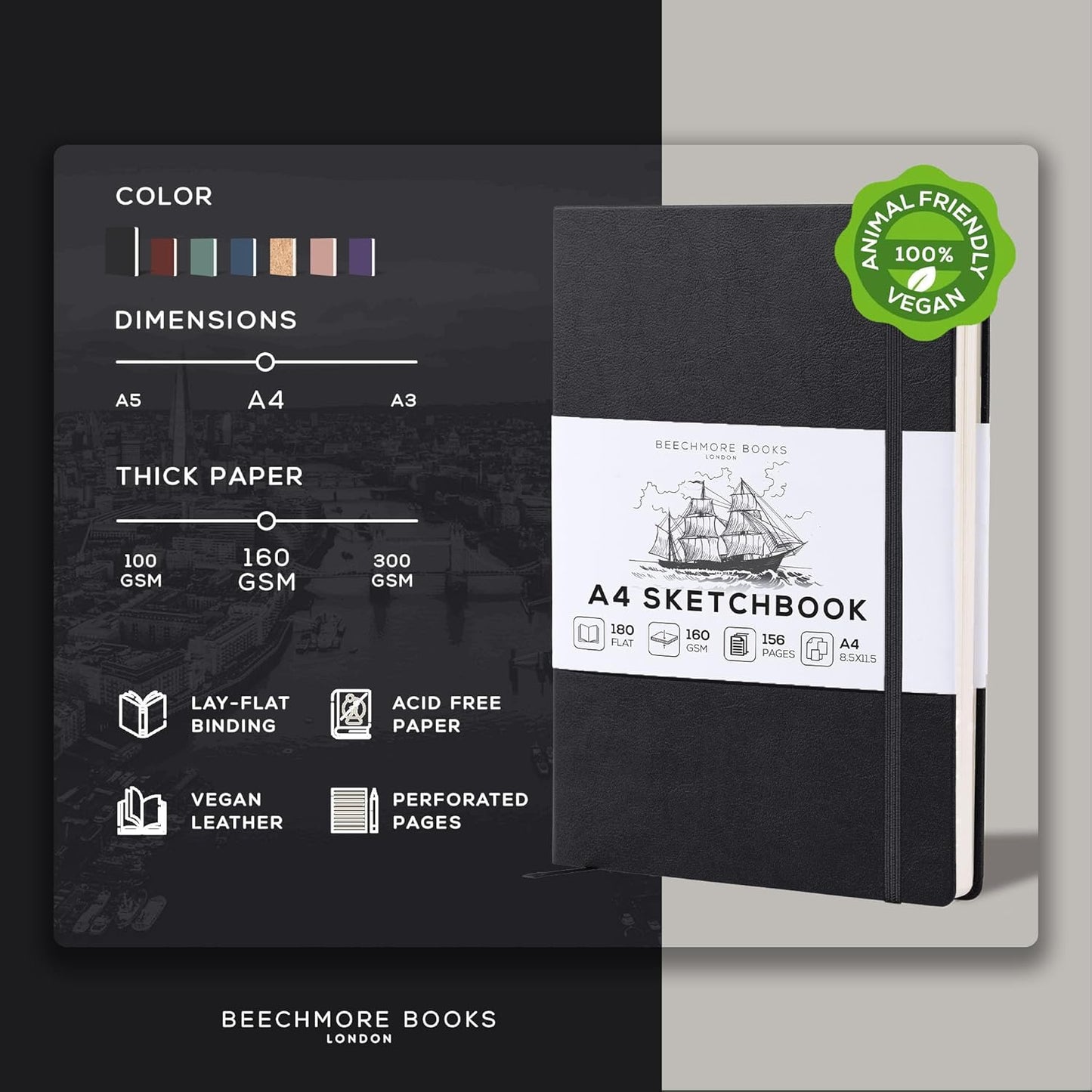 Beechmore Books A4 Sketchbook ??8.5x11 Premium Vegan Leather Bound Large Sketch Book Hardcover with 156 Thick 160gsm Perforated Ivory Pages, Blank Sketch Pad, Gift Boxed, Back Pocket, Ribbon Bookmark