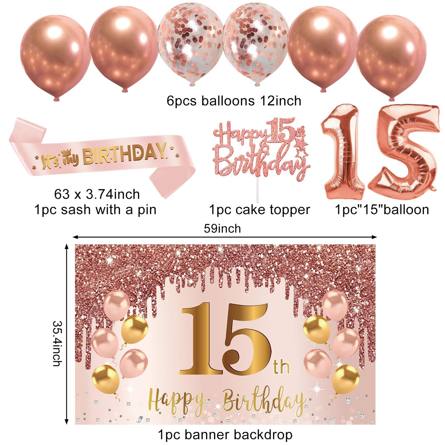 Turypaty Happy 15th Birthday Decorations Kit Girls, Pink 15 Party Supplies
