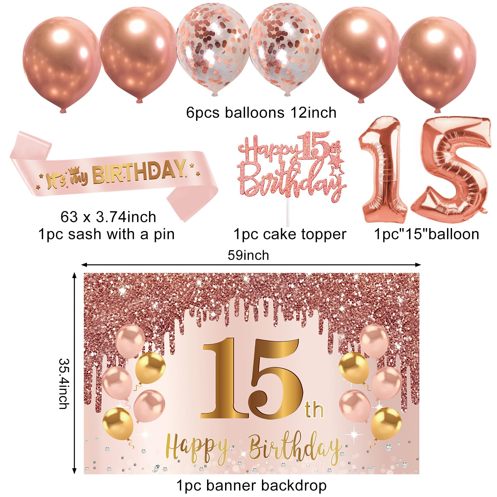 Turypaty Happy 15th Birthday Decorations Kit Girls, Pink 15 Party Supplies
