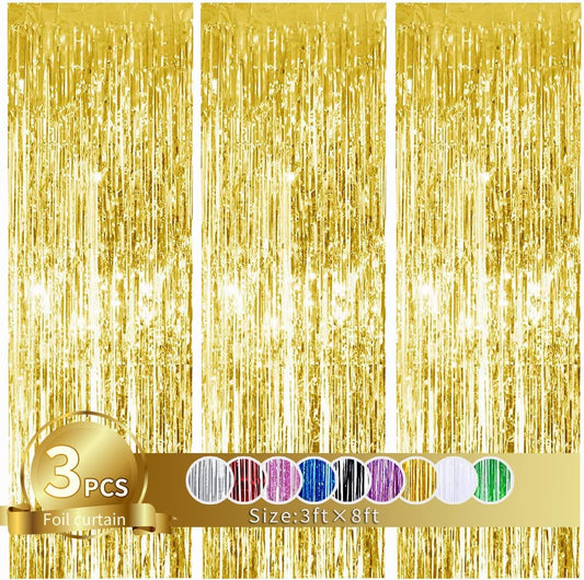 3Pcs Gold Metallic Tinsel Foil Fringe Curtains,3.2ft*8ft Gold Photo Booth Backdrop Streamer,Photo Booth Props,for Party Door Wall Curtains Bachelorette Birthday, Christmas,New Year Decorations