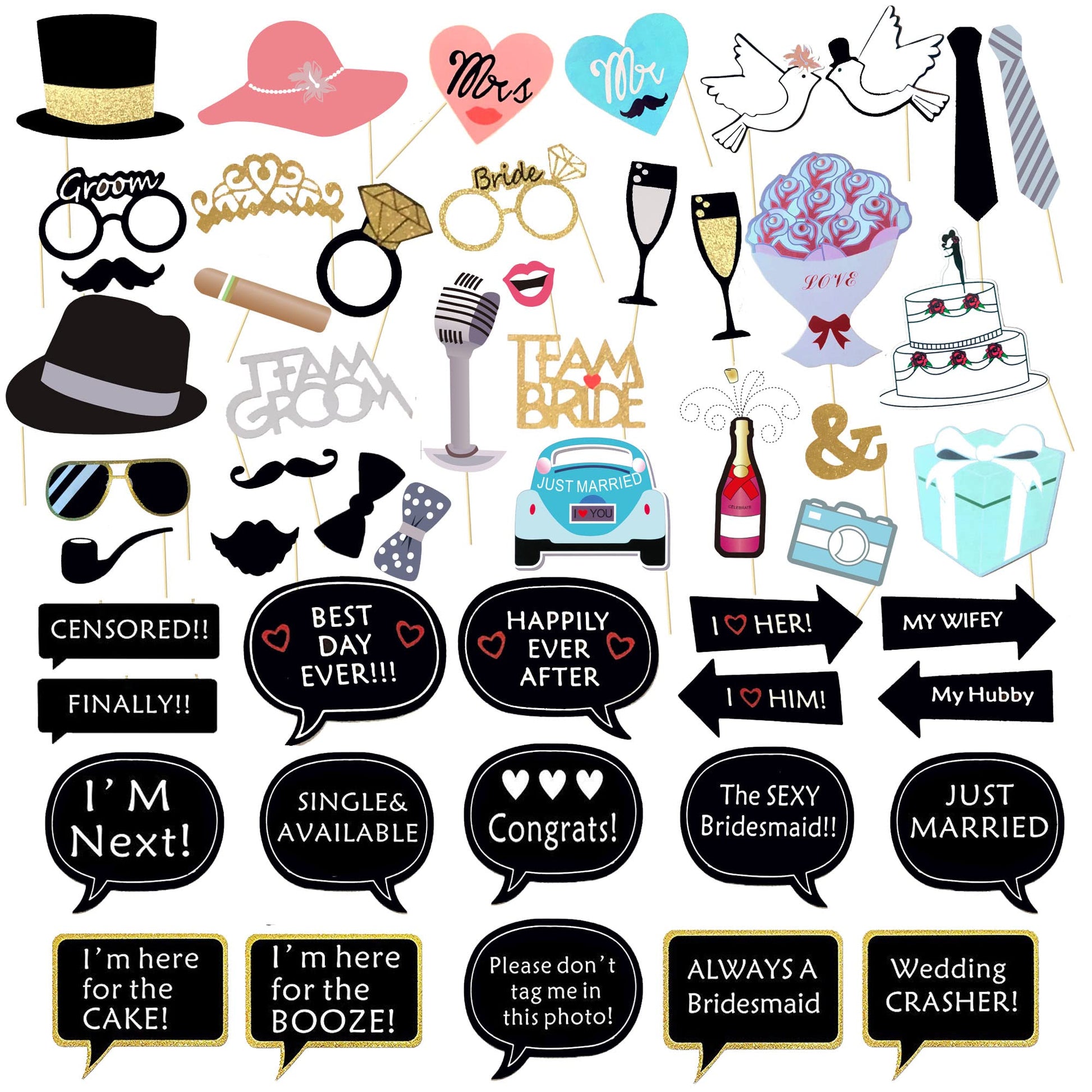 52 Pcs Wedding Photo Booth Props Kit, DIY Funny Bridal Shower Photo Props for Engagement Party