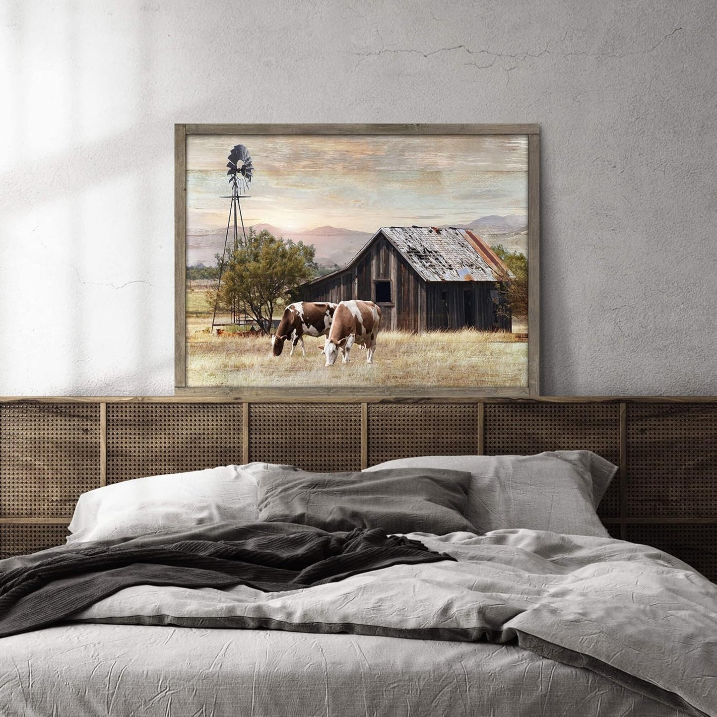 Rustic Wall Decor Barn Framed - Vintage Farmhouse Cow & Windmill Landscape Picture Artwork for Home and Kitchen