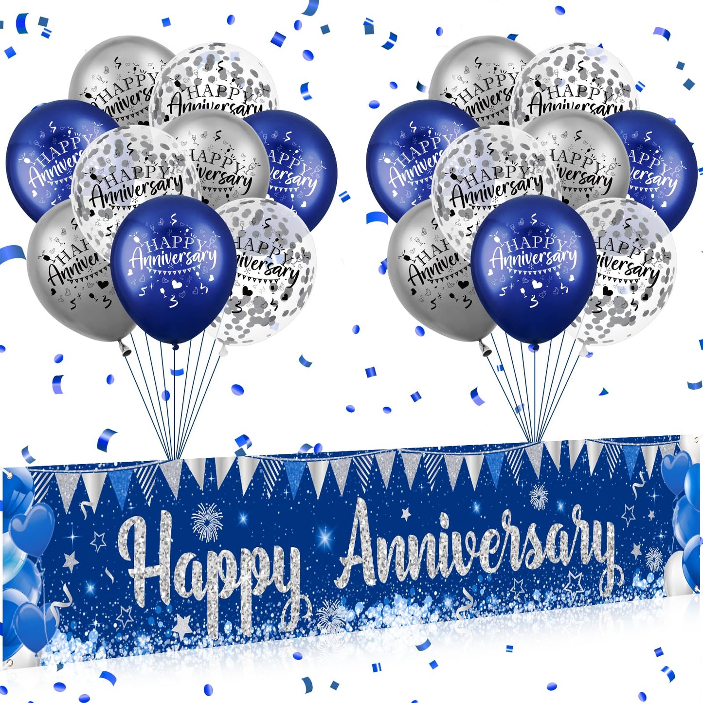 Blue Happy Anniversary Decorations for Men Women, Silver Blue Happy Anniversary Banner and 18pcs