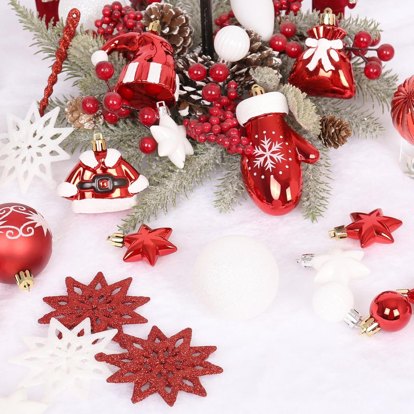 Red White Christmas Ornaments Set, 45PCS Plastic Shatterproof Christmas Tree Hanging Decorations, for Indoor Holiday Party Thankgivings Xmas Decor.