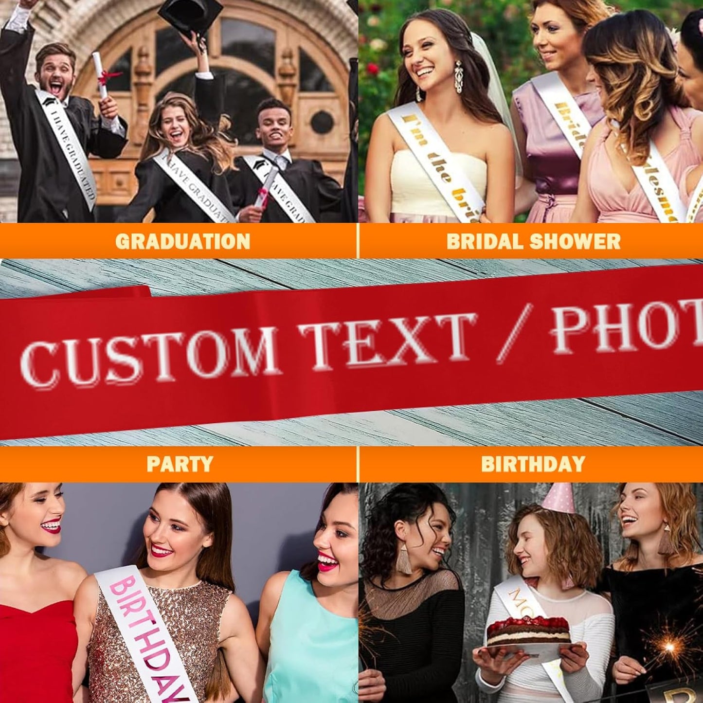 Custom Sash,Personalized Birthday Sash with Text Photo,Customized Bachelorette Sash Quote Sash Bride to Be Sash Color Optional (No decorative edge, Red)