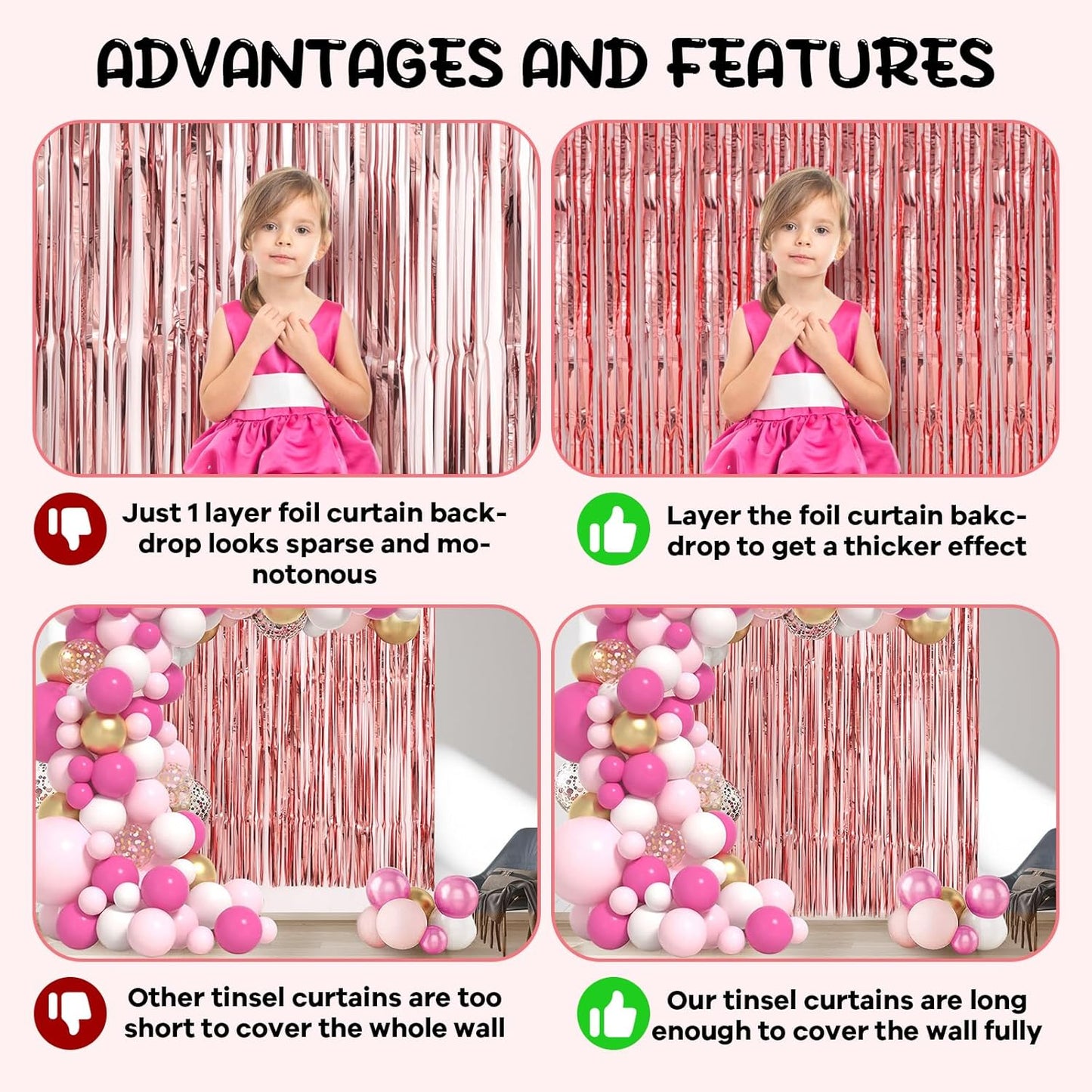 2 Pack Rose Gold Foil Fringe Backdrop Curtains, Tinsel Streamers Birthday Party Decorations, Fringe Backdrop for Graduation, Baby Shower, Gender Reveal, Disco Party