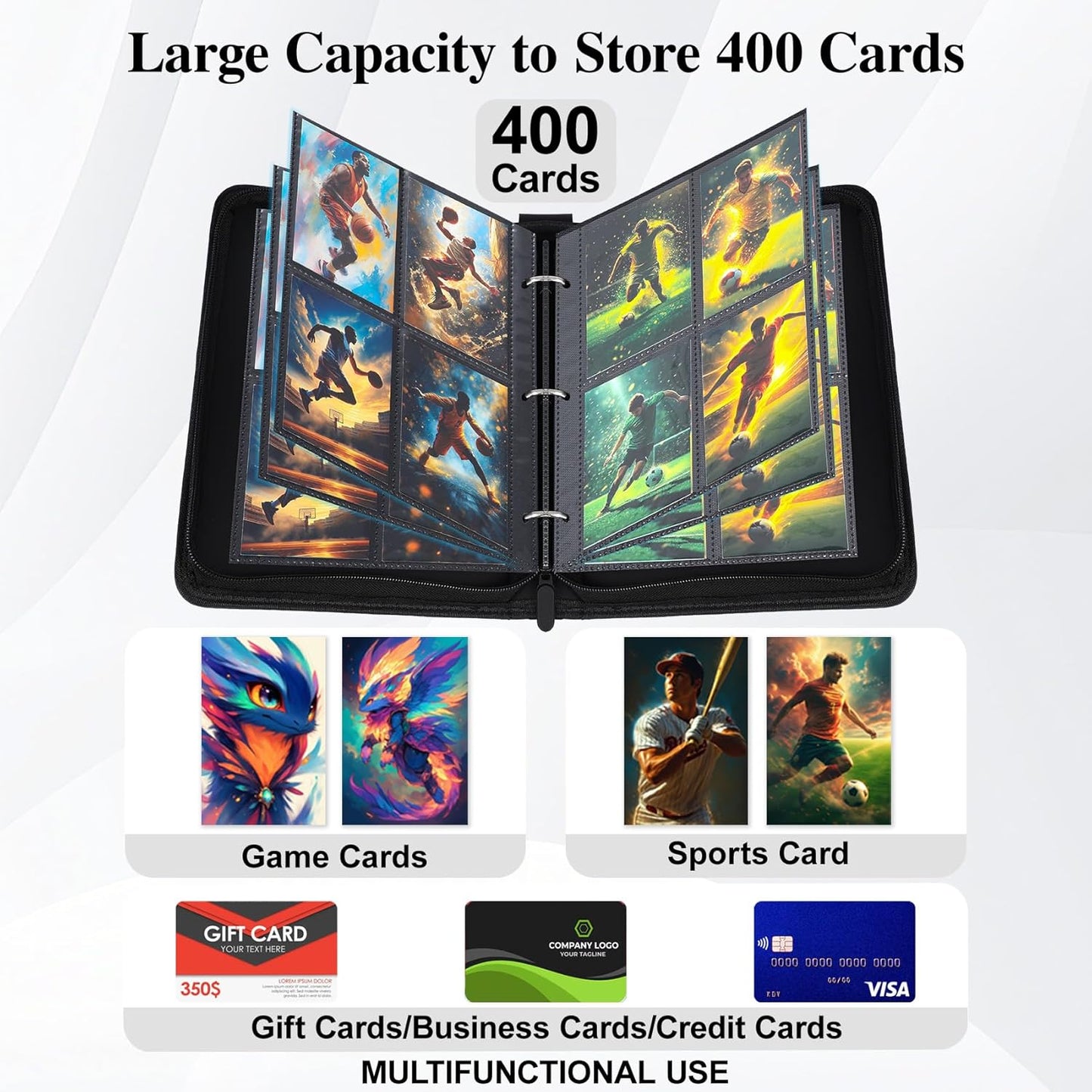 Trading Card Binder 4 Pocket with Display Window, 400 Cards Capacity Card Binder, Waterproof PU Leather Photocard Baseball Card Binder for MTG, TCG, Sports Cards, Black w/Clear Display Window