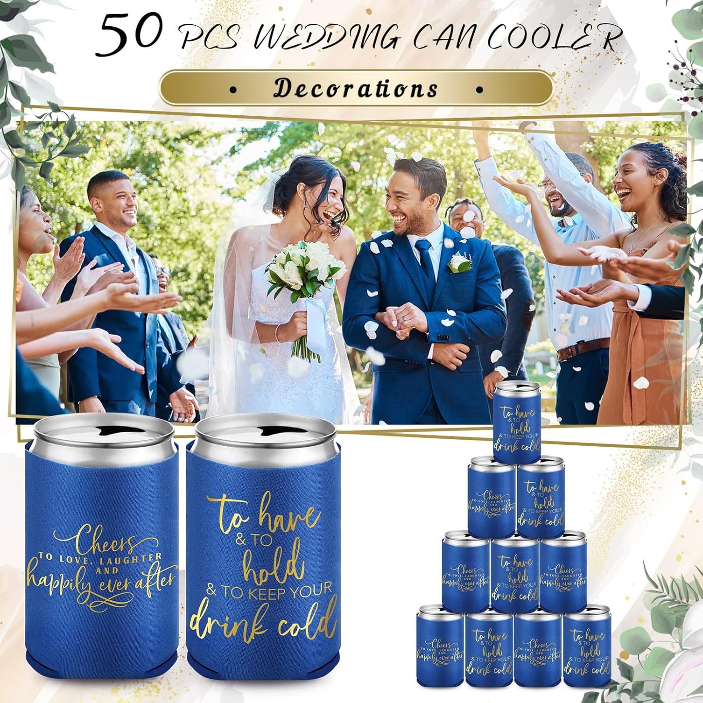 50 Pieces Wedding Can Cooler Bulk Engagement Party Favors for Guests Cheers to Love Laughter and Happily Ever After Rehearsal Dinner Decorations for Wedding Bridal(Blue,Cute)