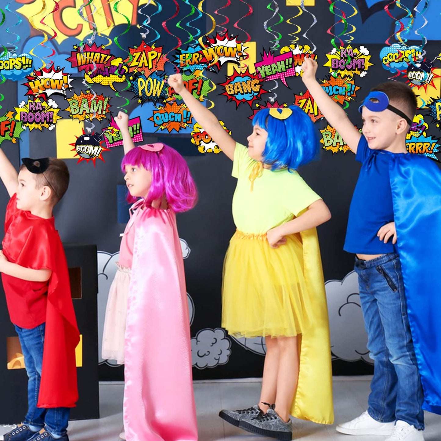 Superhero Hanging Swirls 30 Pack Hero Action Sign Foil Ceiling Hanging Swirls Streams Banner Decor