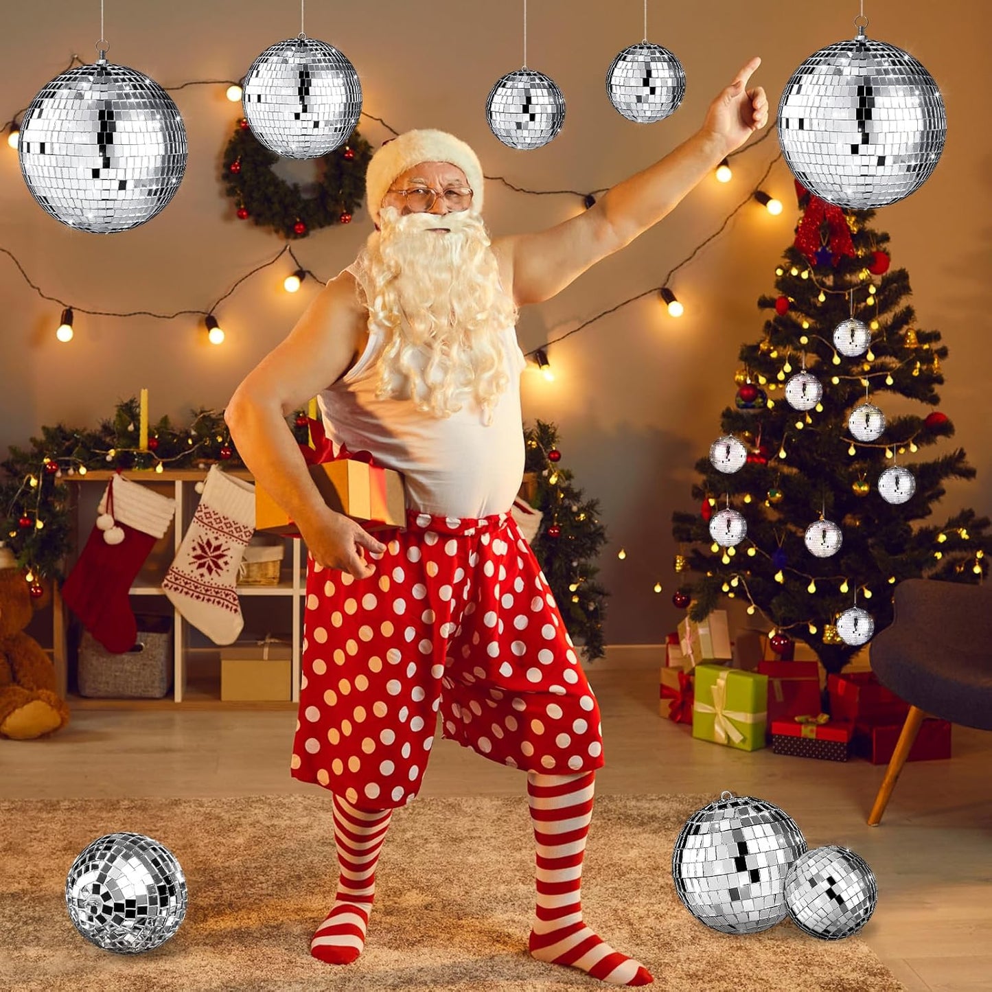 Haull 8 Pcs Large Disco Ball Set Silver Mirror Disco Reflective Ball with Hanging Ring Party Ornament Decoration for Stage Club Ballroom Dance Hall Wedding Prom Props(3'', 4'', 6'')