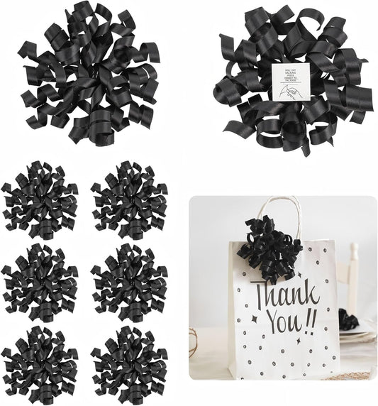 5 Inch Black Bows Curly Ribbon Bows for Gift Wrapping, Satin Bows with Double-Sided Tape, Self Adhesive Bows for Party, Wedding, Birthday Decor, Premade Bows for Crafts, Wine Glasses-8 PCs