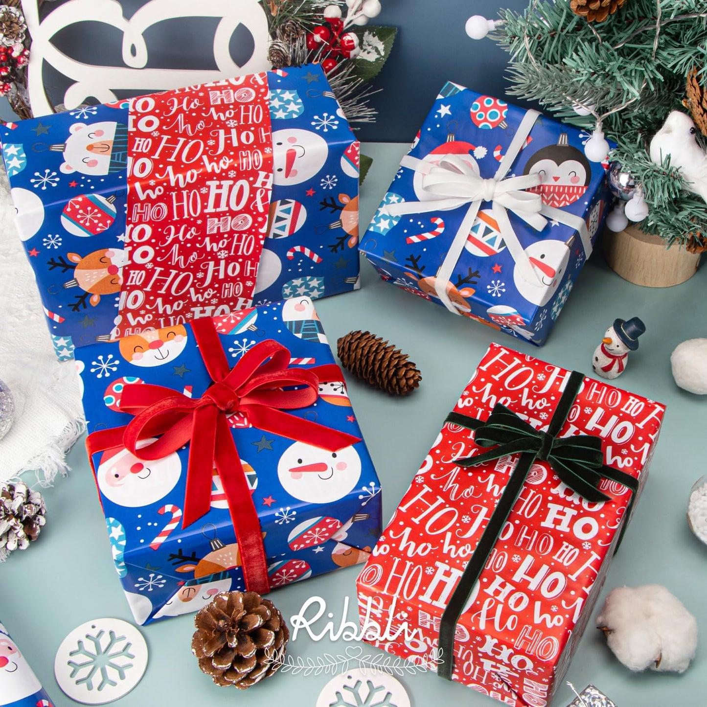 Ribbli Blue Christmas Wrapping Paper Reversible Cute Christmas elements Gift Wrapping Paper Rolls for Kids Holiday Presents Decoration-17 Inch x 33 Feet