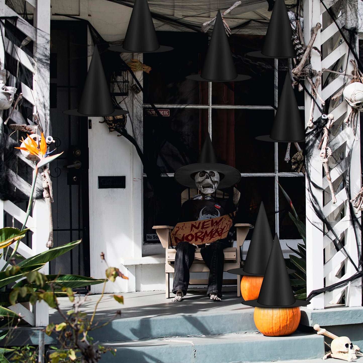 12 PCS Halloween Witch Hats, Black Hanging Witch Hats Porch Yard Decor