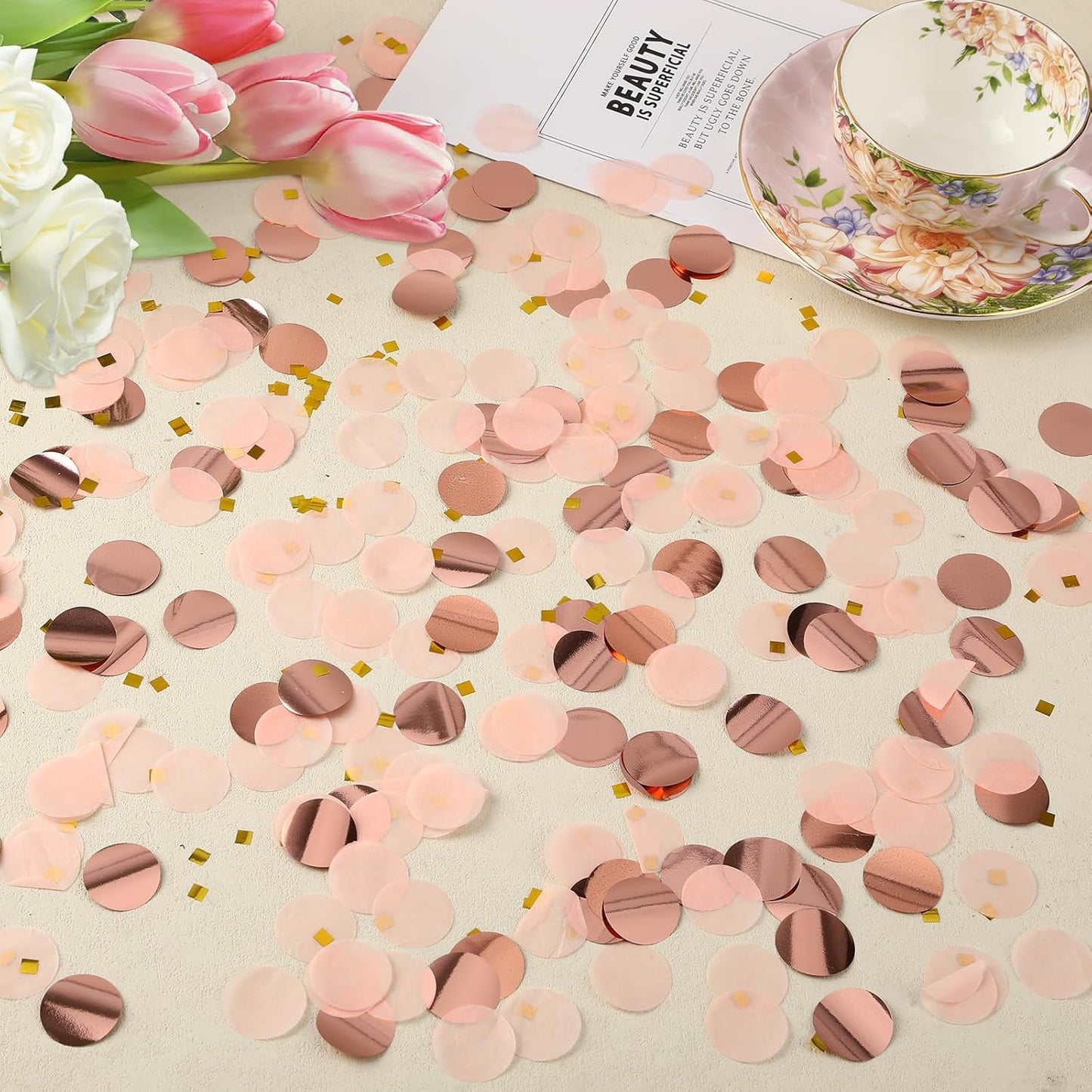 MARFOREVER Round Tissue Paper Confetti, Rose Gold Table Confetti Dots Decorations Birthday Party Scatter Table Sprinkles Hearts for Balloons Wedding Baby Shower Festival Supplies(1 inch)