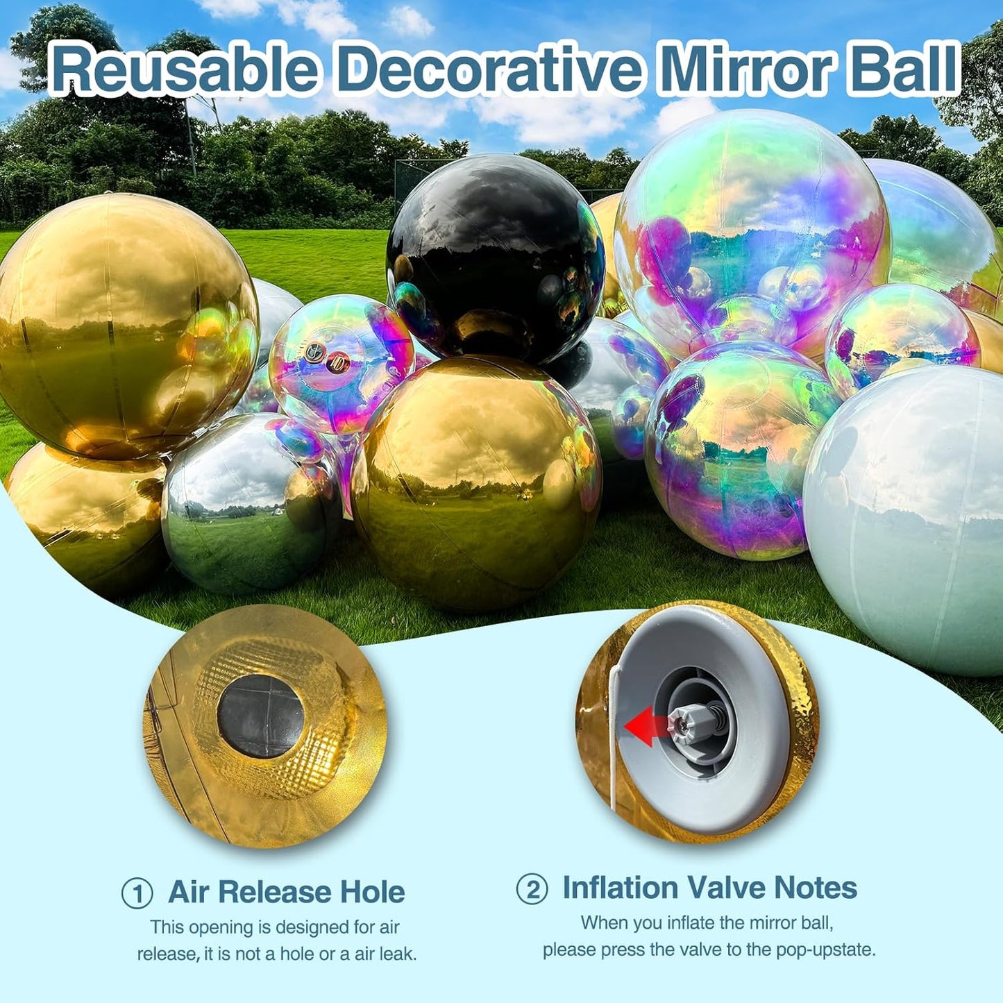 Inflatable Mirror Ball, Iridescent Big Shinny Balls Reusable Large PVC Disco Ball Balloon for Large Event Decoration, Party, Wedding Decor, Concerts, Stage (1 Pcs, 0.5m/19.7in with Air Pump)