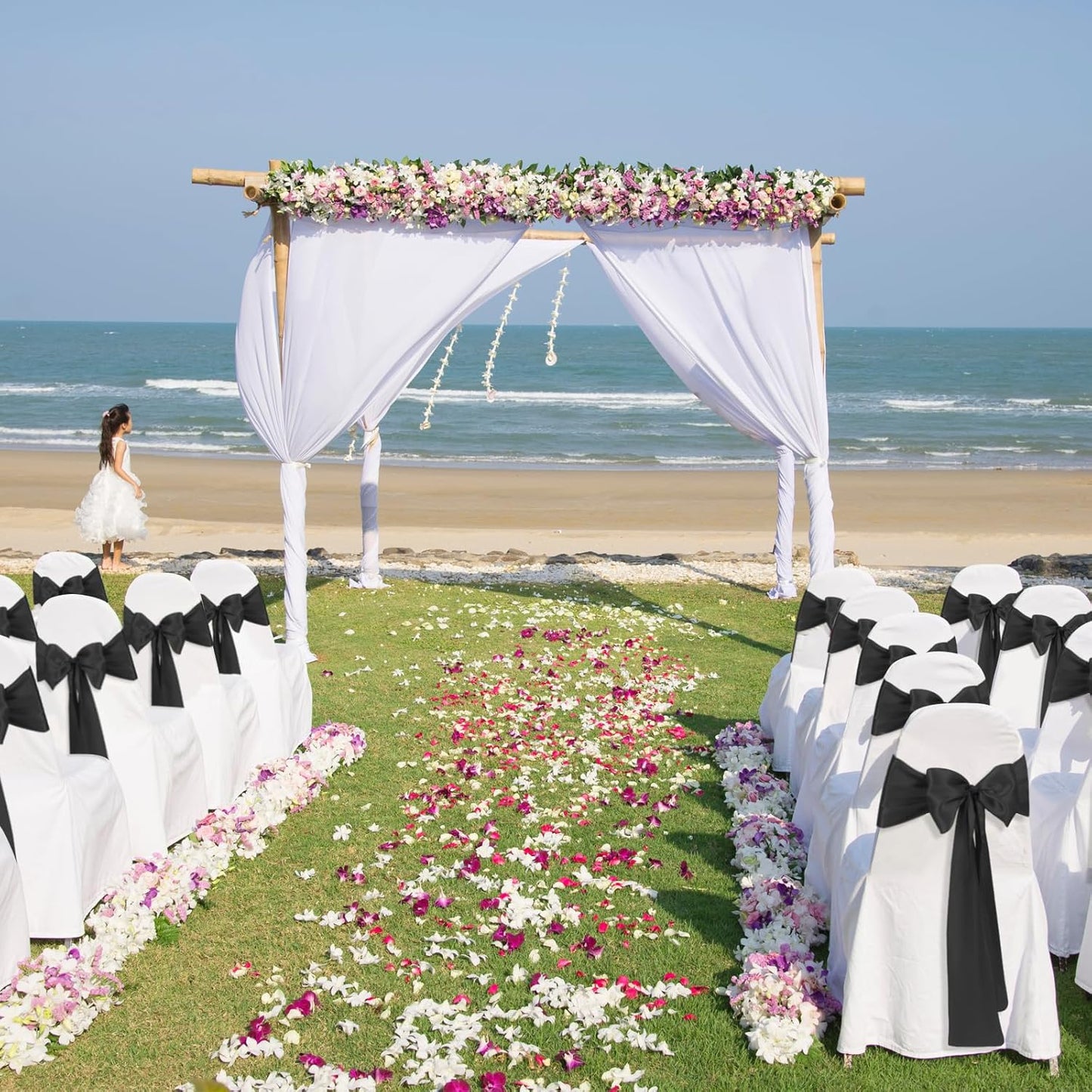 50 PCS Black Satin Chair Sashes Bows Universal Chair Ribbon Ties Back Sash for Wedding Party Reception Events Banquets Hotel Event Chair Cover Decoration (Champagne 7x108 inch)